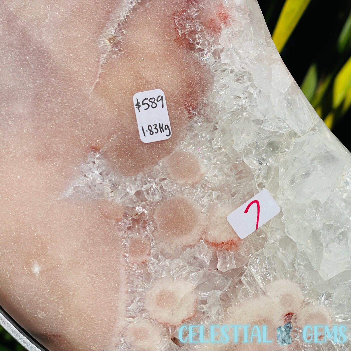 Pink Amethyst + Quartz XL Crescent Moon Carving on Stand