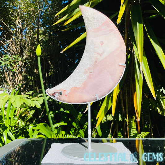 Pink Amethyst + Quartz XL Crescent Moon Carving on Stand