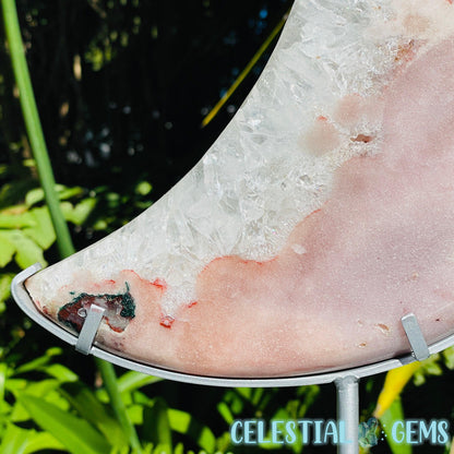 Pink Amethyst + Quartz XL Crescent Moon Carving on Stand