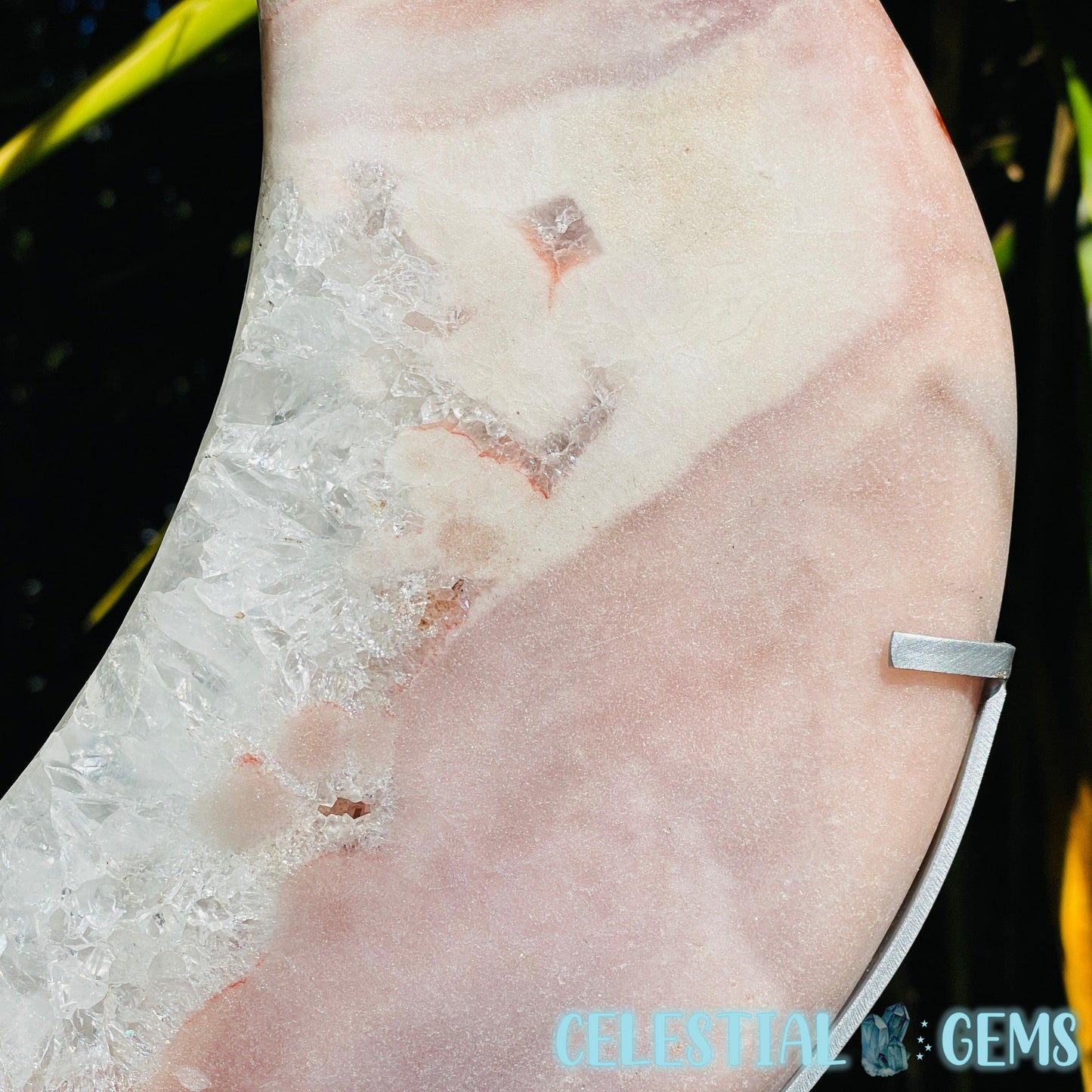 Pink Amethyst + Quartz XL Crescent Moon Carving on Stand