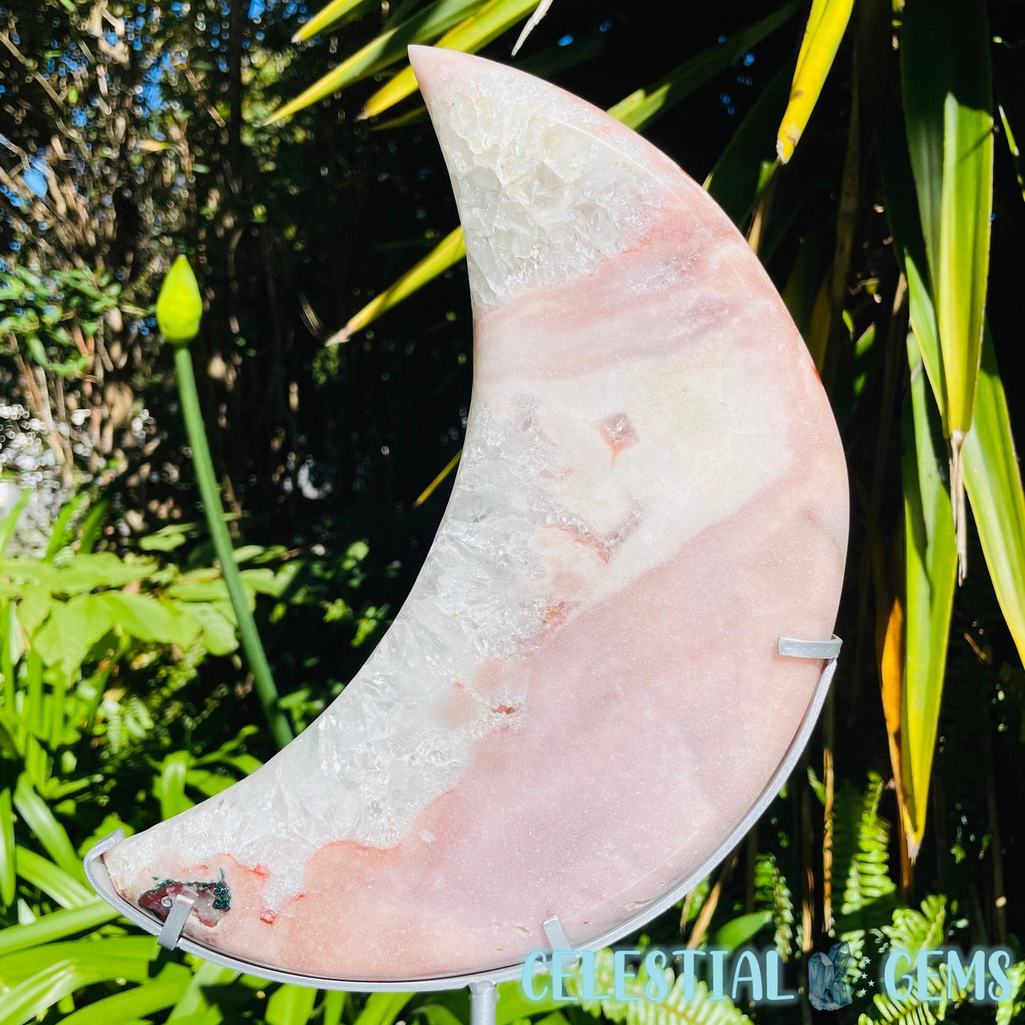 Pink Amethyst + Quartz XL Crescent Moon Carving on Stand