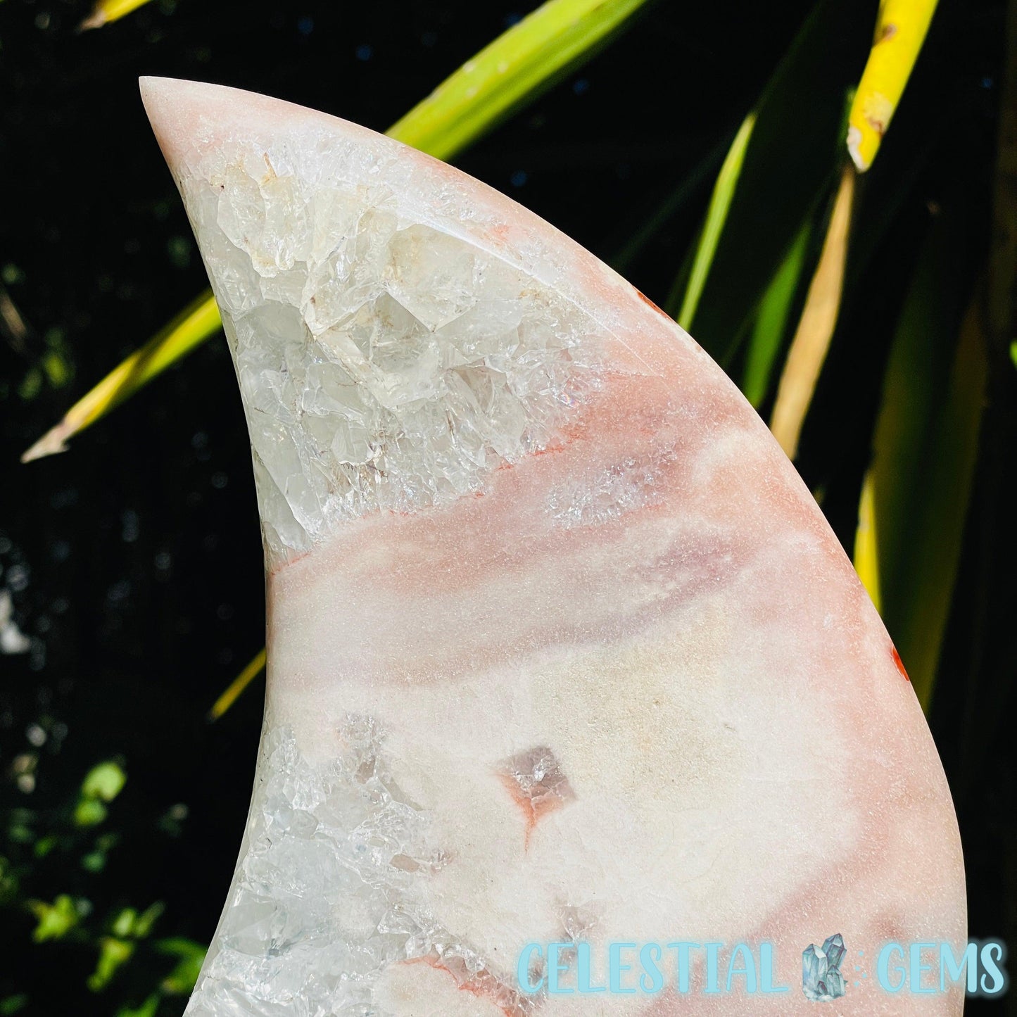 Pink Amethyst + Quartz XL Crescent Moon Carving on Stand