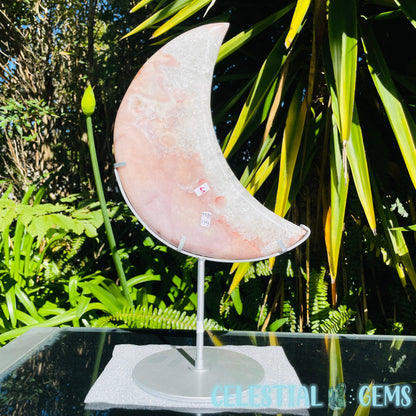 Pink Amethyst + Quartz XL Crescent Moon Carving on Stand