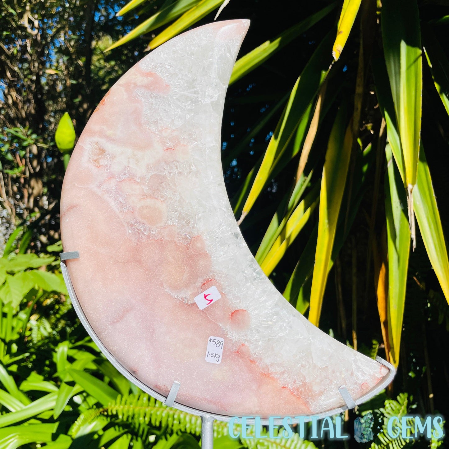 Pink Amethyst + Quartz XL Crescent Moon Carving on Stand
