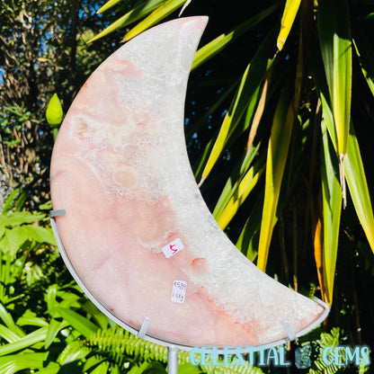 Pink Amethyst + Quartz XL Crescent Moon Carving on Stand