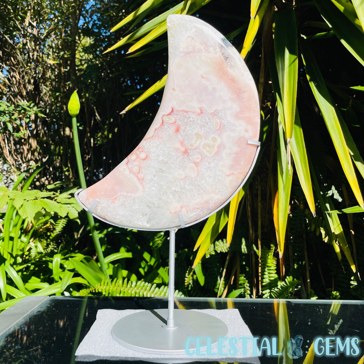 Pink Amethyst + Quartz XL Crescent Moon Carving on Stand