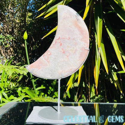 Pink Amethyst + Quartz XL Crescent Moon Carving on Stand