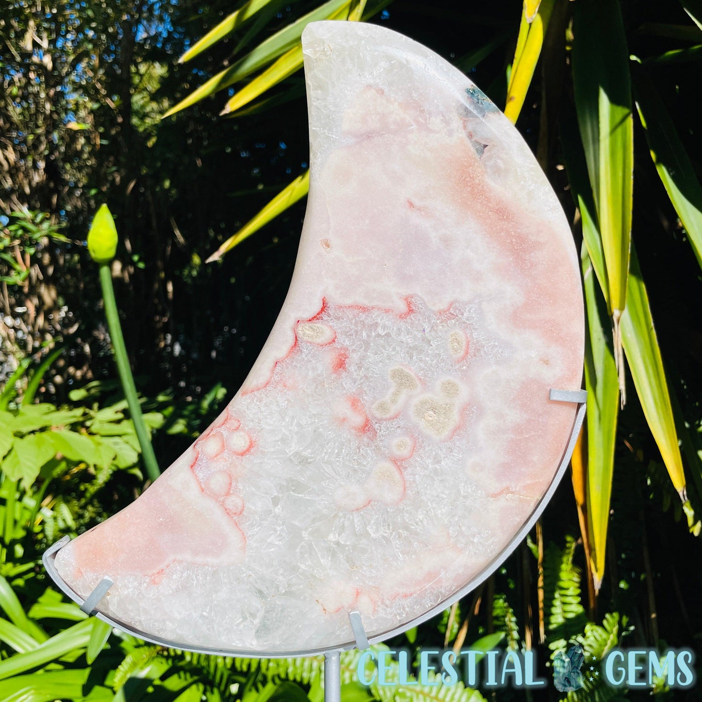 Pink Amethyst + Quartz XL Crescent Moon Carving on Stand