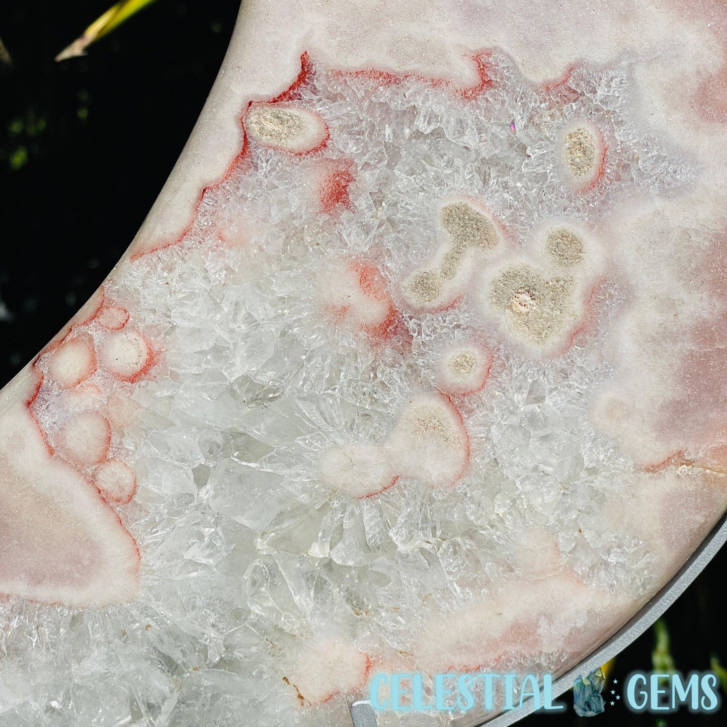 Pink Amethyst + Quartz XL Crescent Moon Carving on Stand