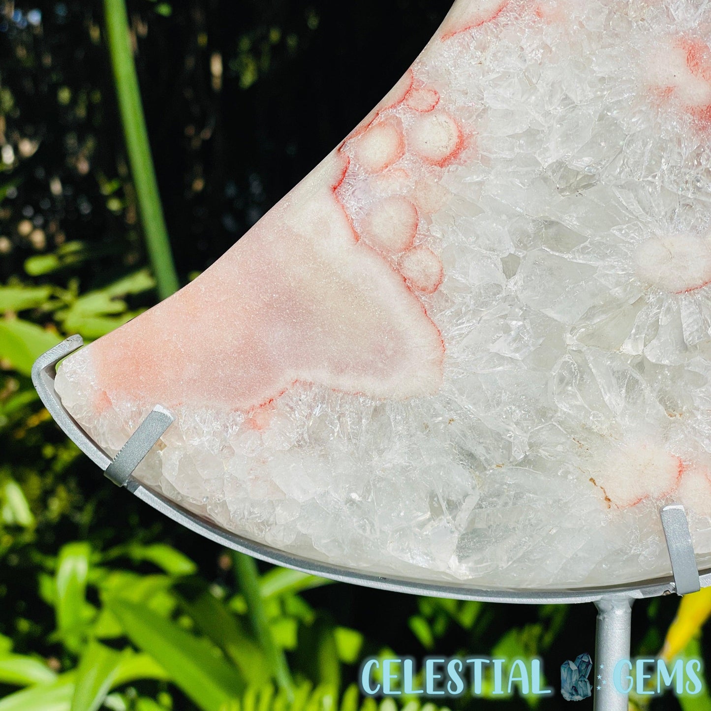 Pink Amethyst + Quartz XL Crescent Moon Carving on Stand