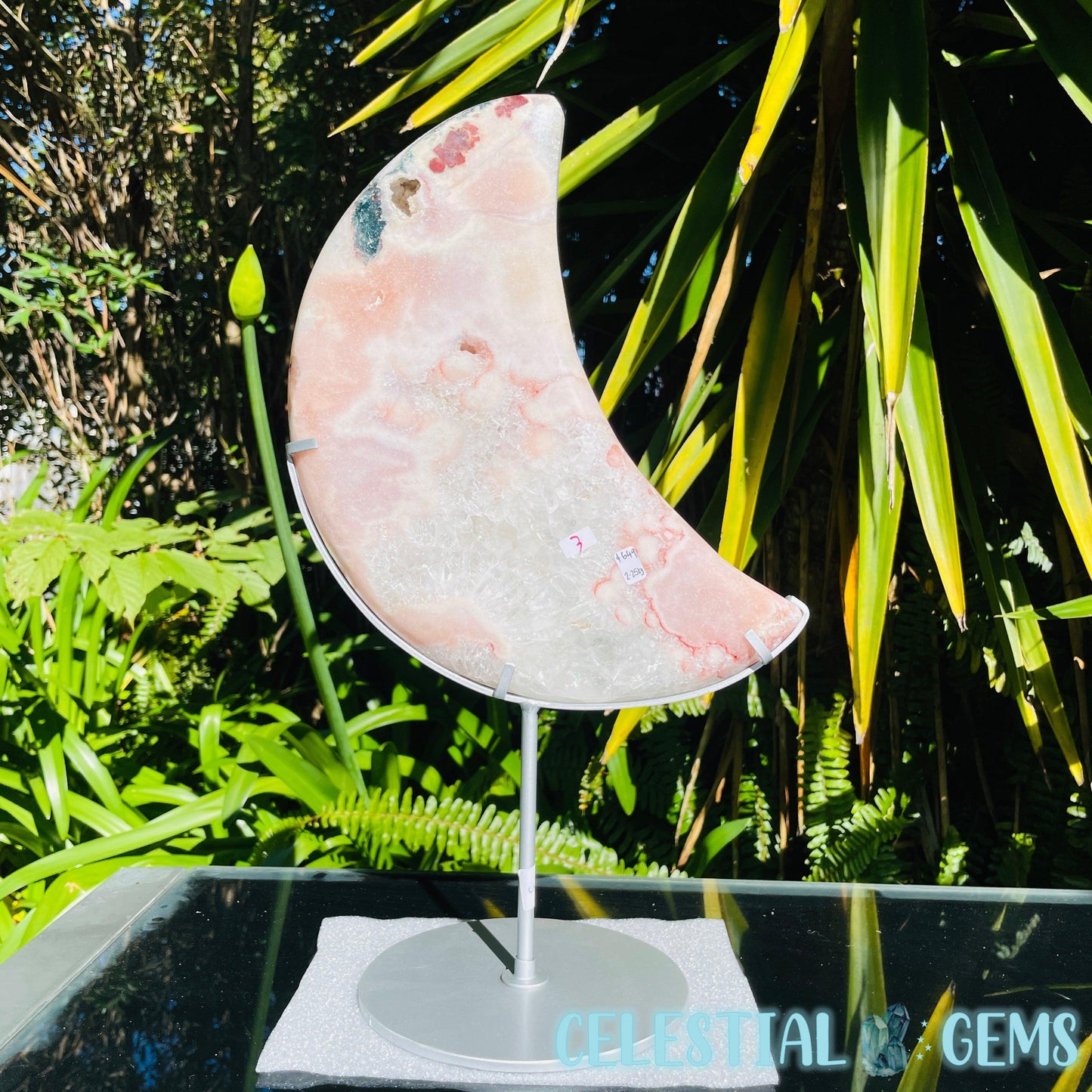 Pink Amethyst + Quartz XL Crescent Moon Carving on Stand