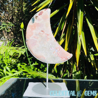 Pink Amethyst + Quartz XL Crescent Moon Carving on Stand