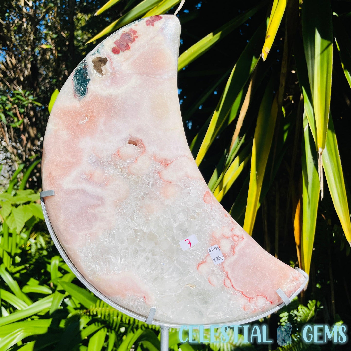 Pink Amethyst + Quartz XL Crescent Moon Carving on Stand
