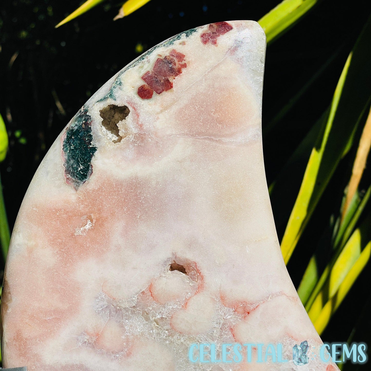 Pink Amethyst + Quartz XL Crescent Moon Carving on Stand