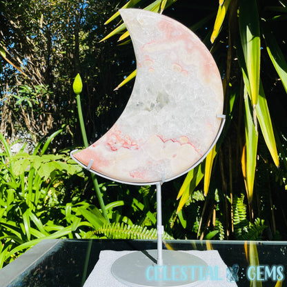 Pink Amethyst + Quartz XL Crescent Moon Carving on Stand