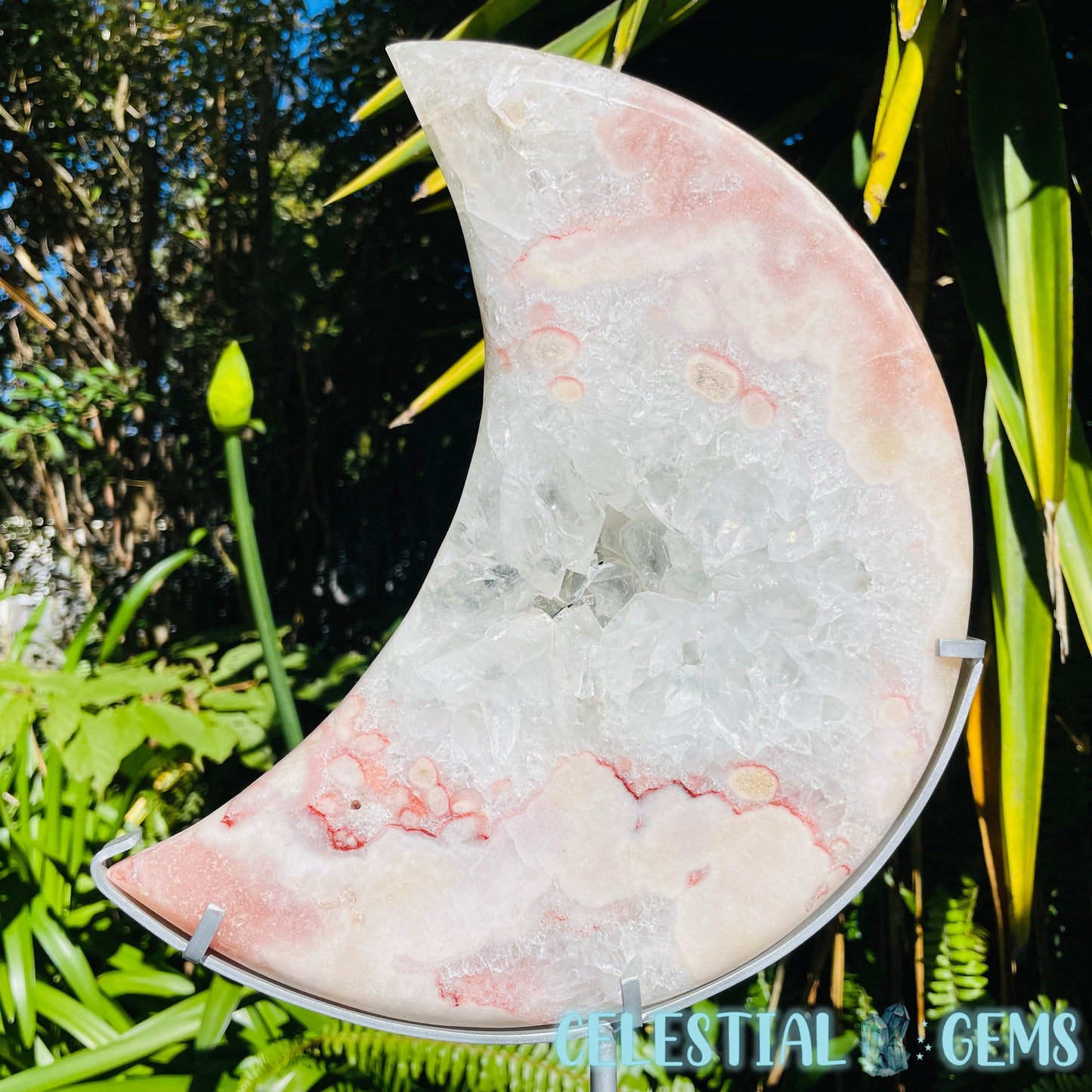 Pink Amethyst + Quartz XL Crescent Moon Carving on Stand