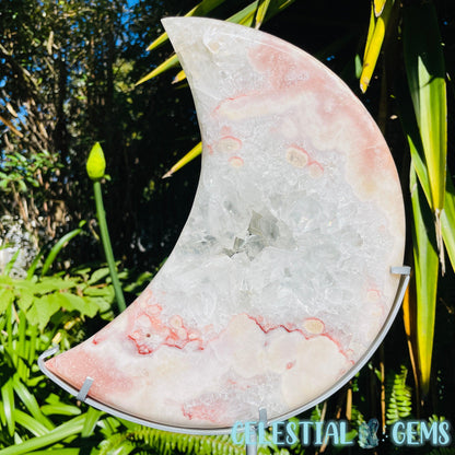 Pink Amethyst + Quartz XL Crescent Moon Carving on Stand
