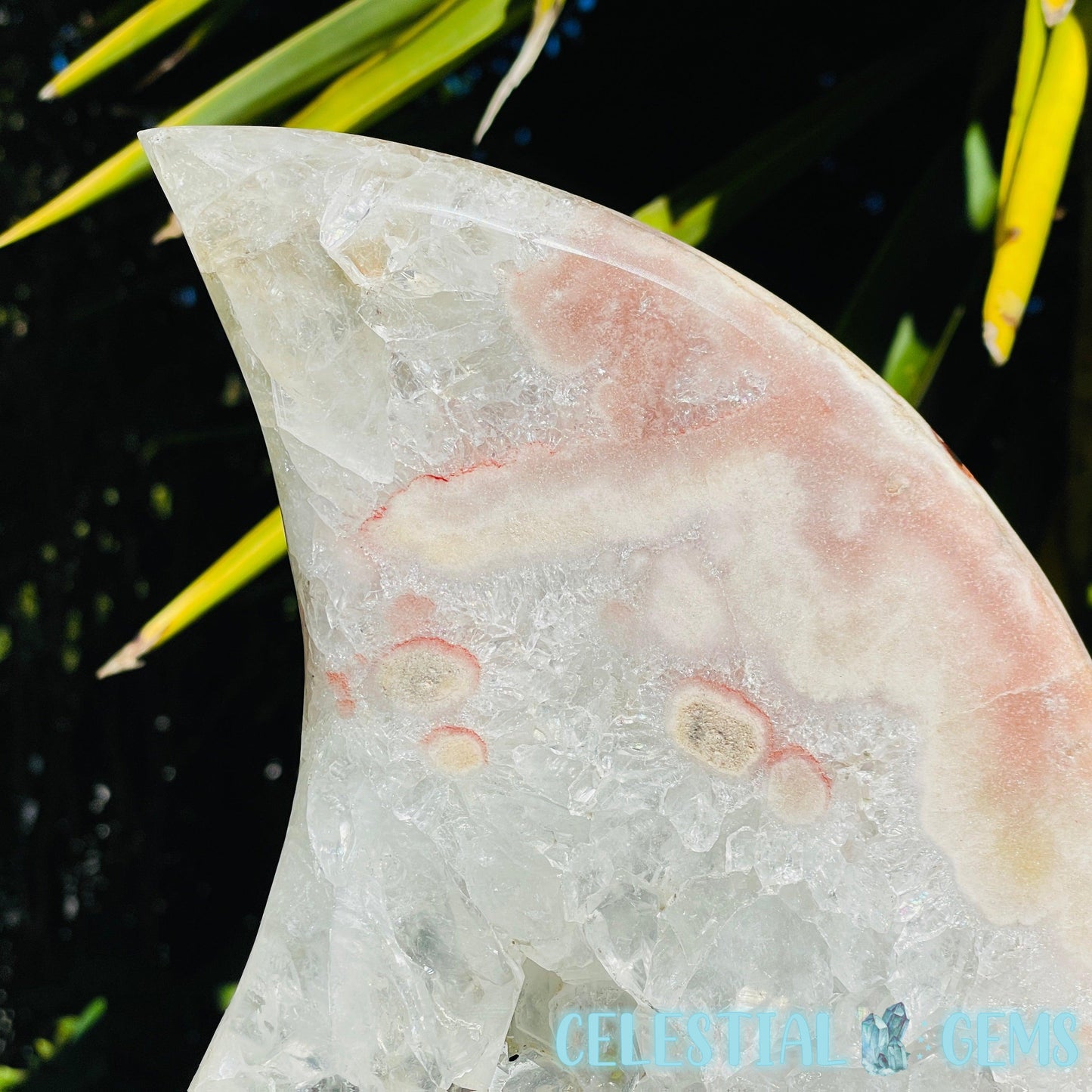 Pink Amethyst + Quartz XL Crescent Moon Carving on Stand