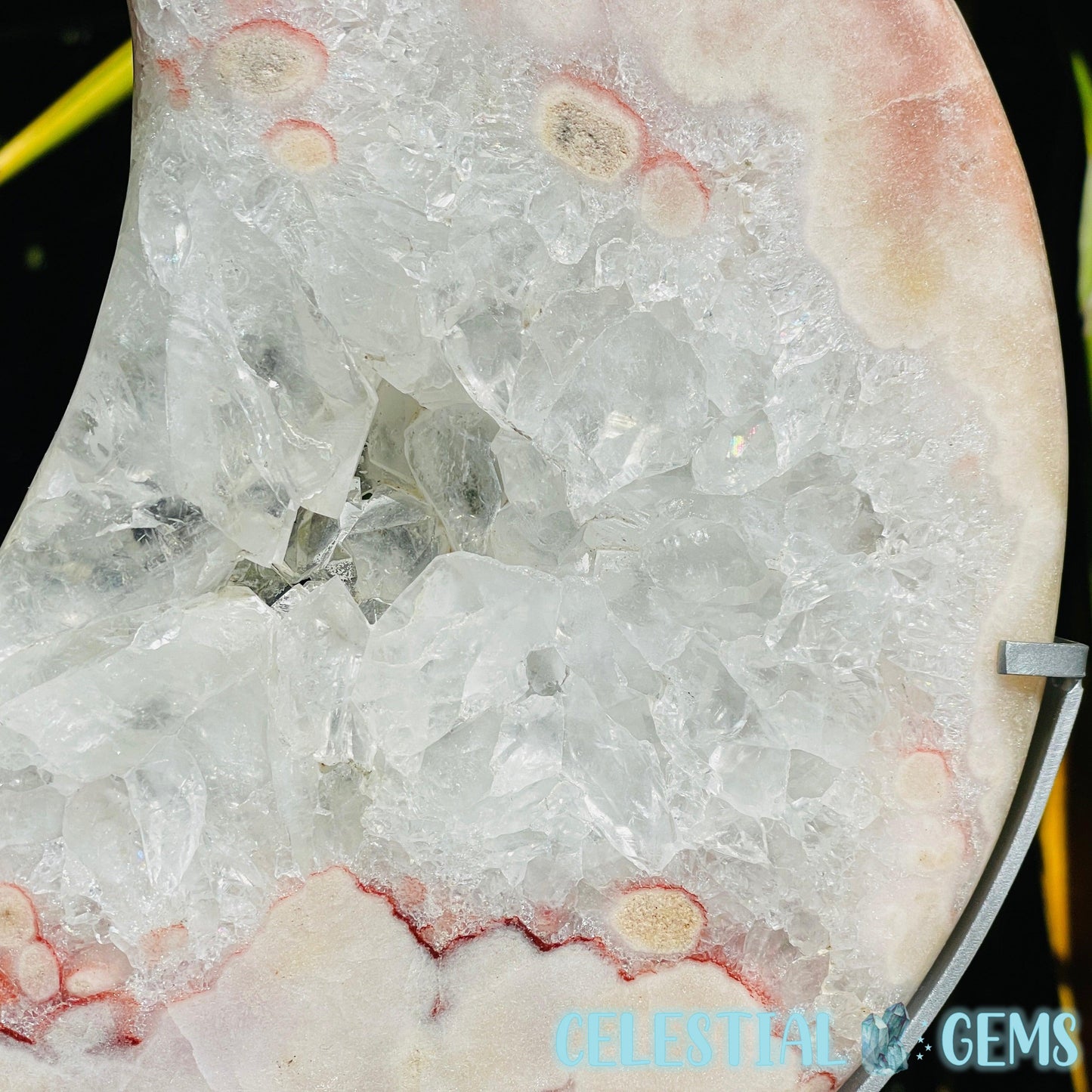 Pink Amethyst + Quartz XL Crescent Moon Carving on Stand