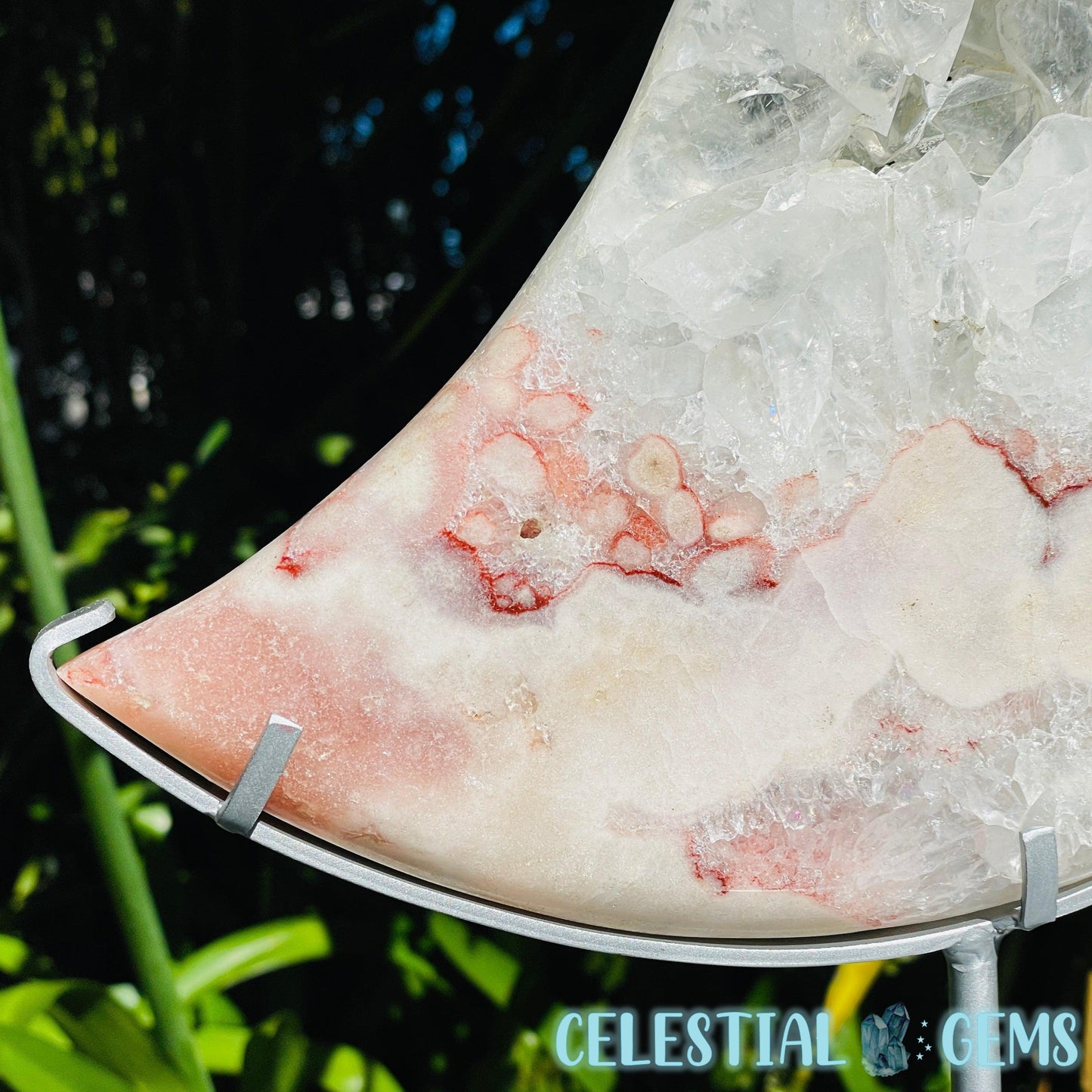 Pink Amethyst + Quartz XL Crescent Moon Carving on Stand