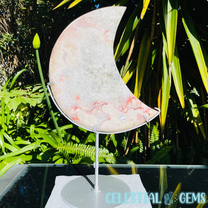 Pink Amethyst + Quartz XL Crescent Moon Carving on Stand