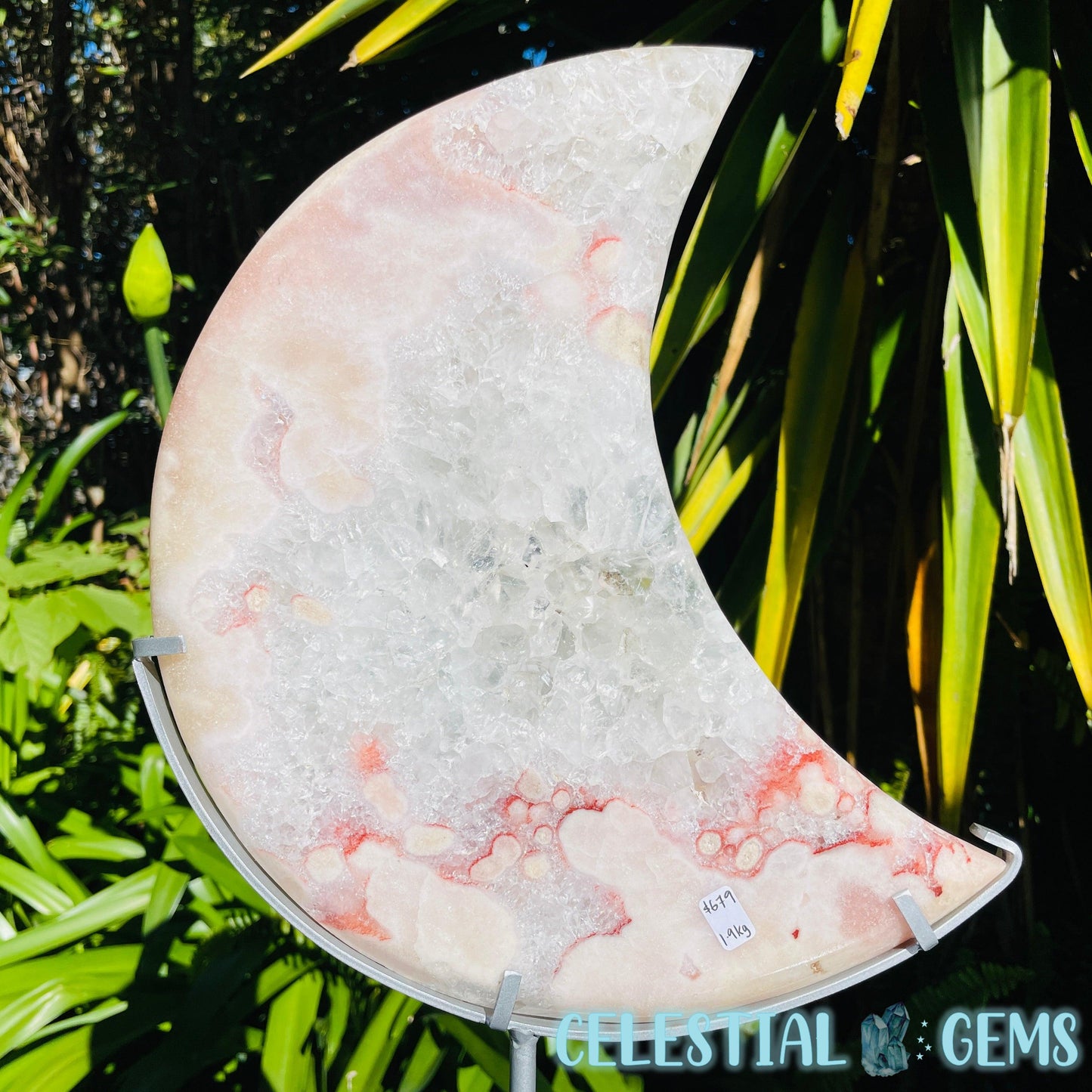 Pink Amethyst + Quartz XL Crescent Moon Carving on Stand