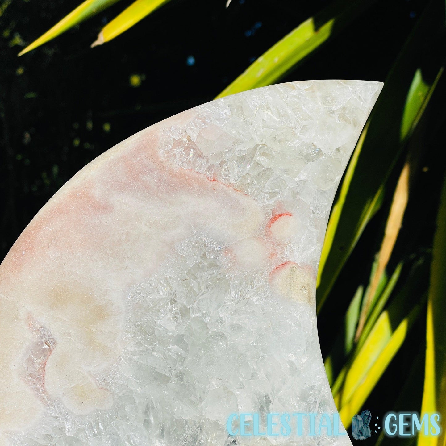 Pink Amethyst + Quartz XL Crescent Moon Carving on Stand