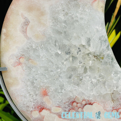 Pink Amethyst + Quartz XL Crescent Moon Carving on Stand