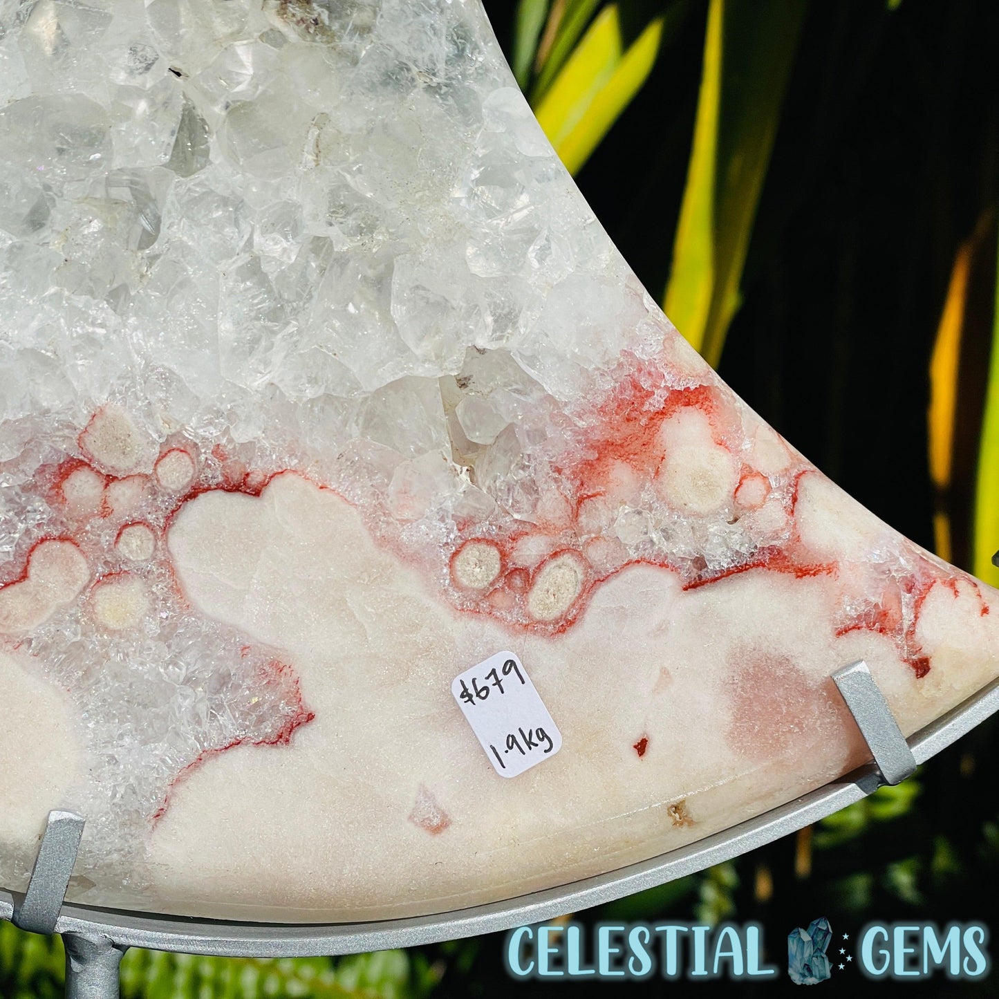 Pink Amethyst + Quartz XL Crescent Moon Carving on Stand