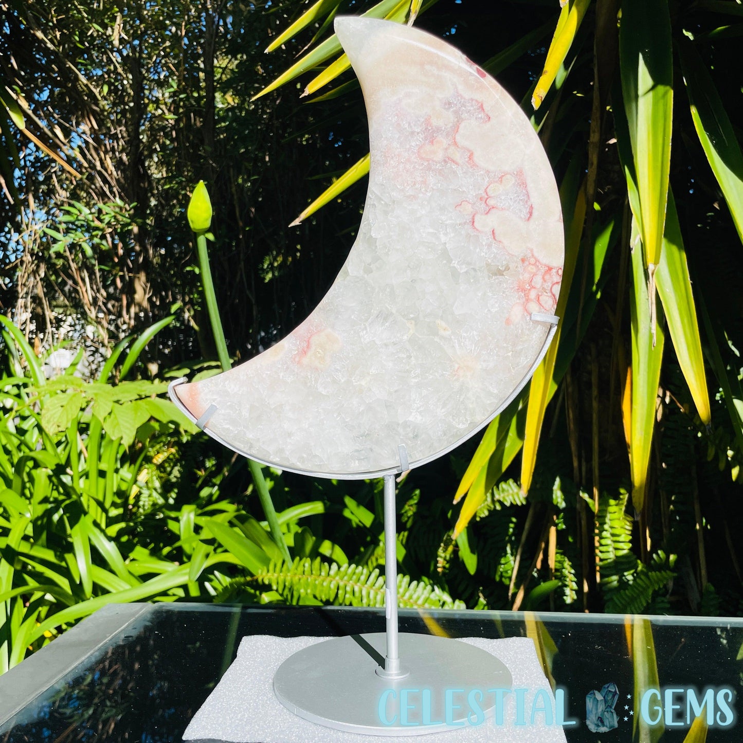 Pink Amethyst + Quartz XL Crescent Moon Carving on Stand