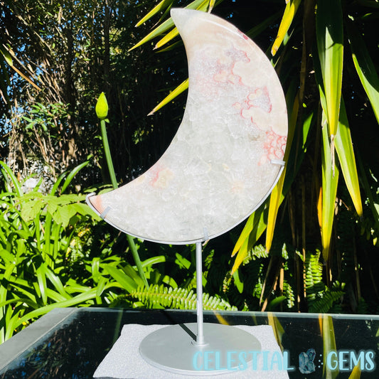 Pink Amethyst + Quartz XL Crescent Moon Carving on Stand