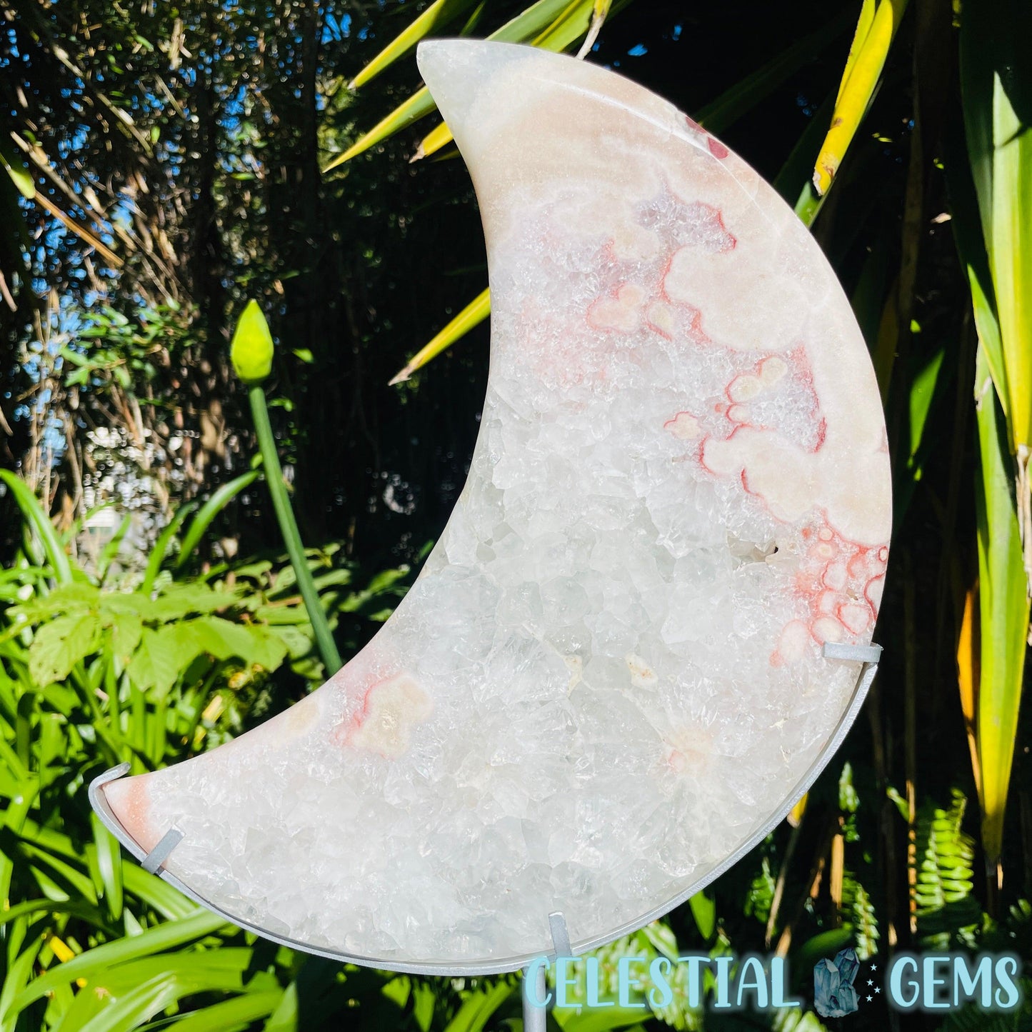 Pink Amethyst + Quartz XL Crescent Moon Carving on Stand