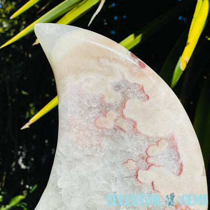 Pink Amethyst + Quartz XL Crescent Moon Carving on Stand