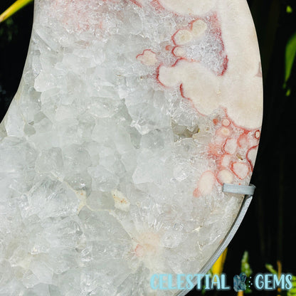 Pink Amethyst + Quartz XL Crescent Moon Carving on Stand