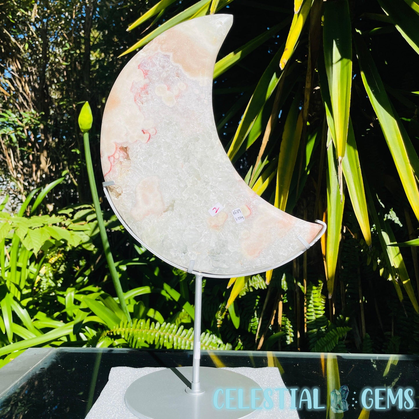 Pink Amethyst + Quartz XL Crescent Moon Carving on Stand