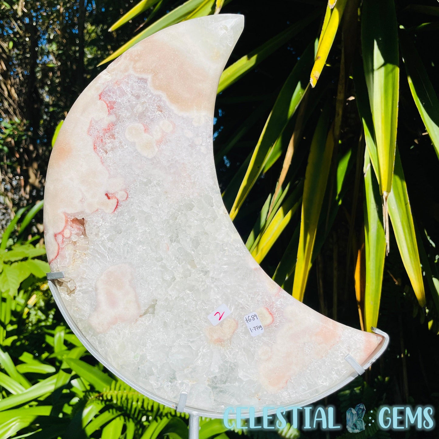Pink Amethyst + Quartz XL Crescent Moon Carving on Stand