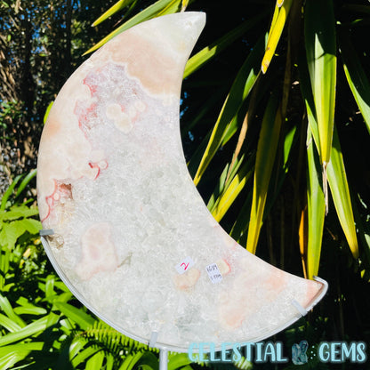 Pink Amethyst + Quartz XL Crescent Moon Carving on Stand