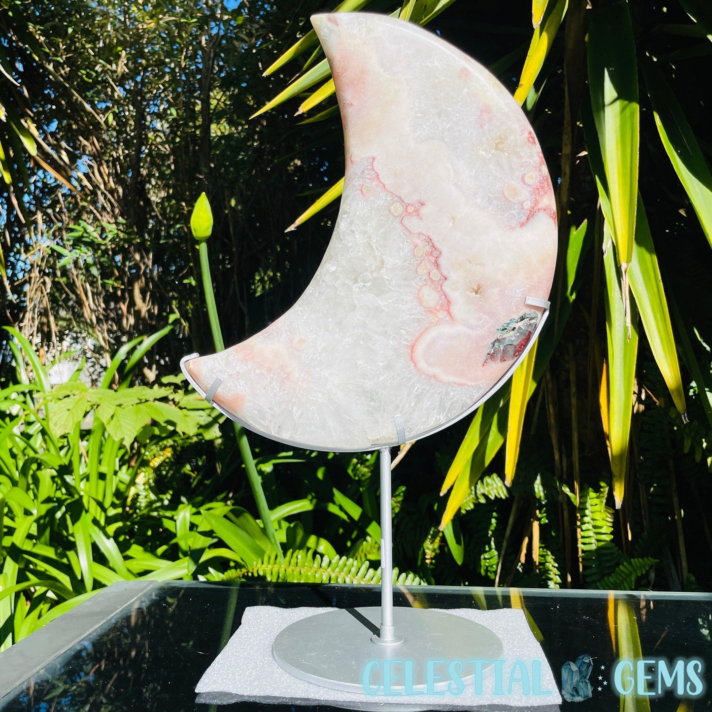 Pink Amethyst + Quartz XL Crescent Moon Carving on Stand