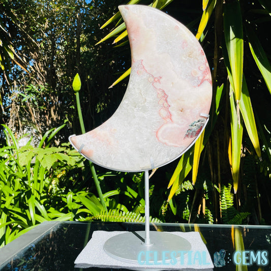 Pink Amethyst + Quartz XL Crescent Moon Carving on Stand