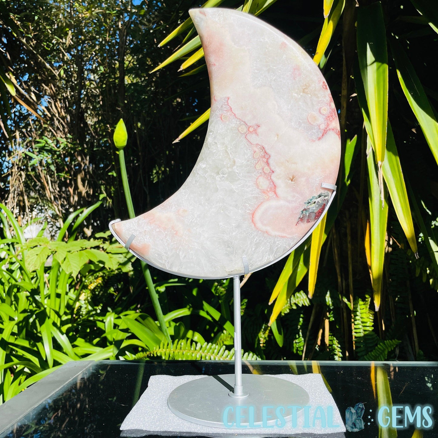 Pink Amethyst + Quartz XL Crescent Moon Carving on Stand