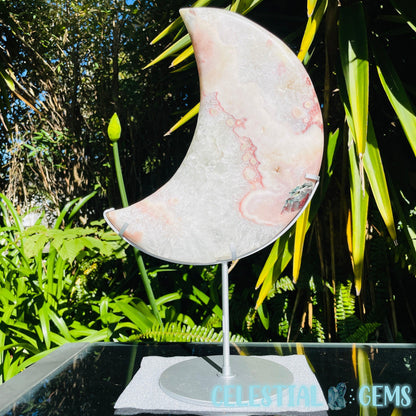 Pink Amethyst + Quartz XL Crescent Moon Carving on Stand