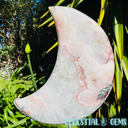Pink Amethyst + Quartz XL Crescent Moon Carving on Stand
