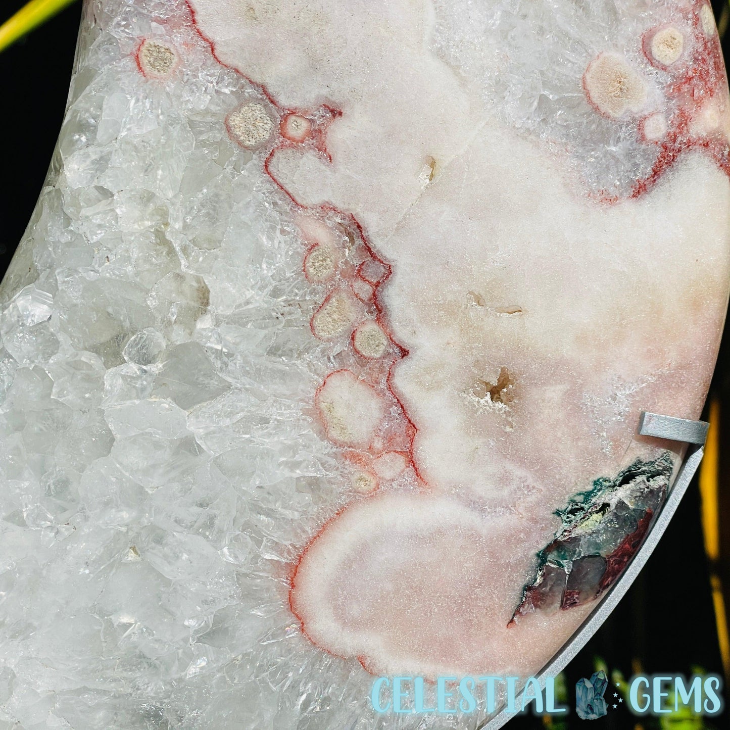 Pink Amethyst + Quartz XL Crescent Moon Carving on Stand