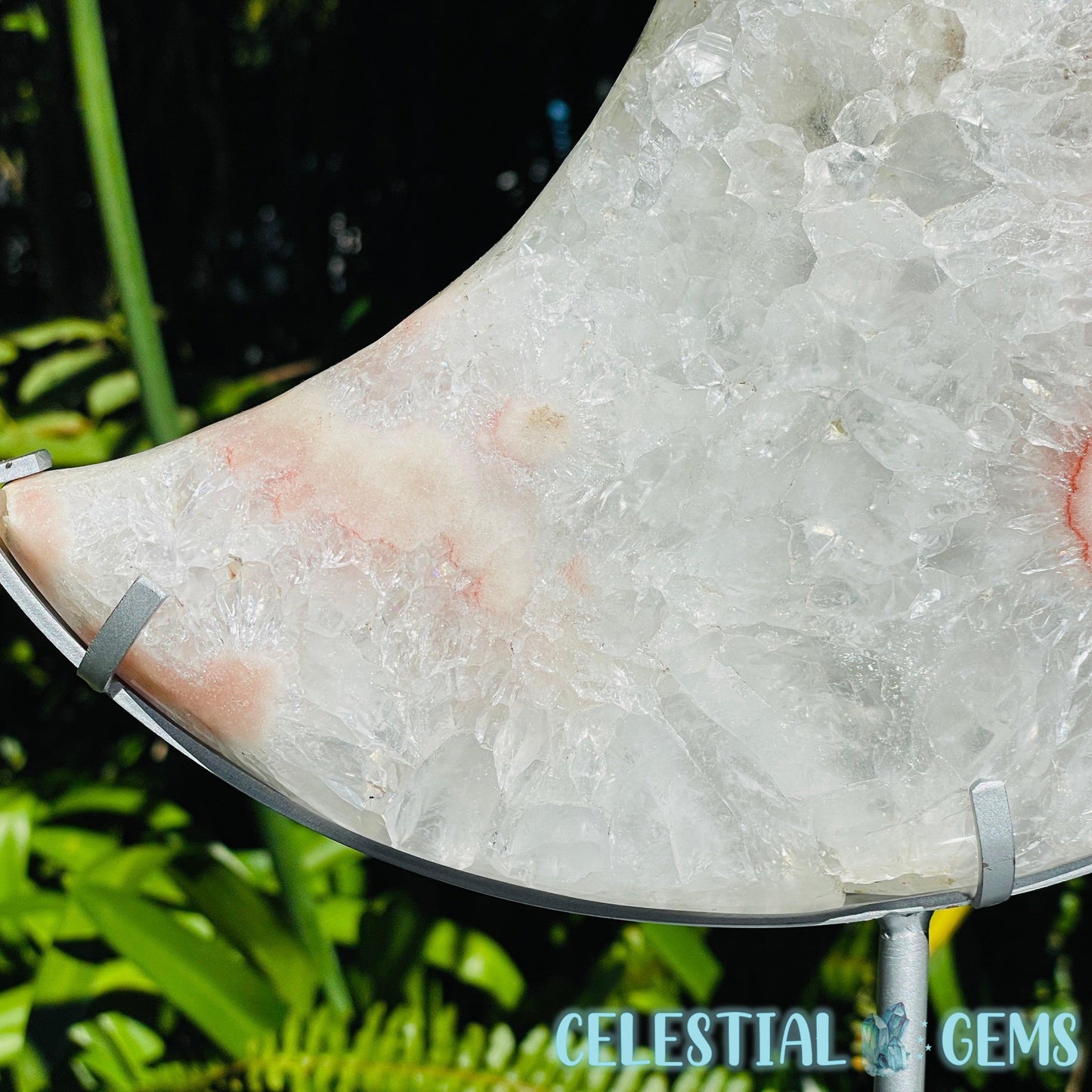 Pink Amethyst + Quartz XL Crescent Moon Carving on Stand