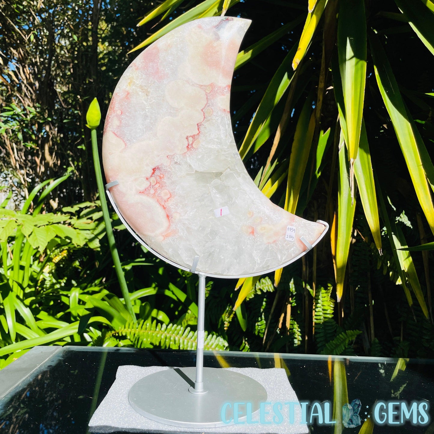 Pink Amethyst + Quartz XL Crescent Moon Carving on Stand