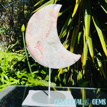 Pink Amethyst + Quartz XL Crescent Moon Carving on Stand