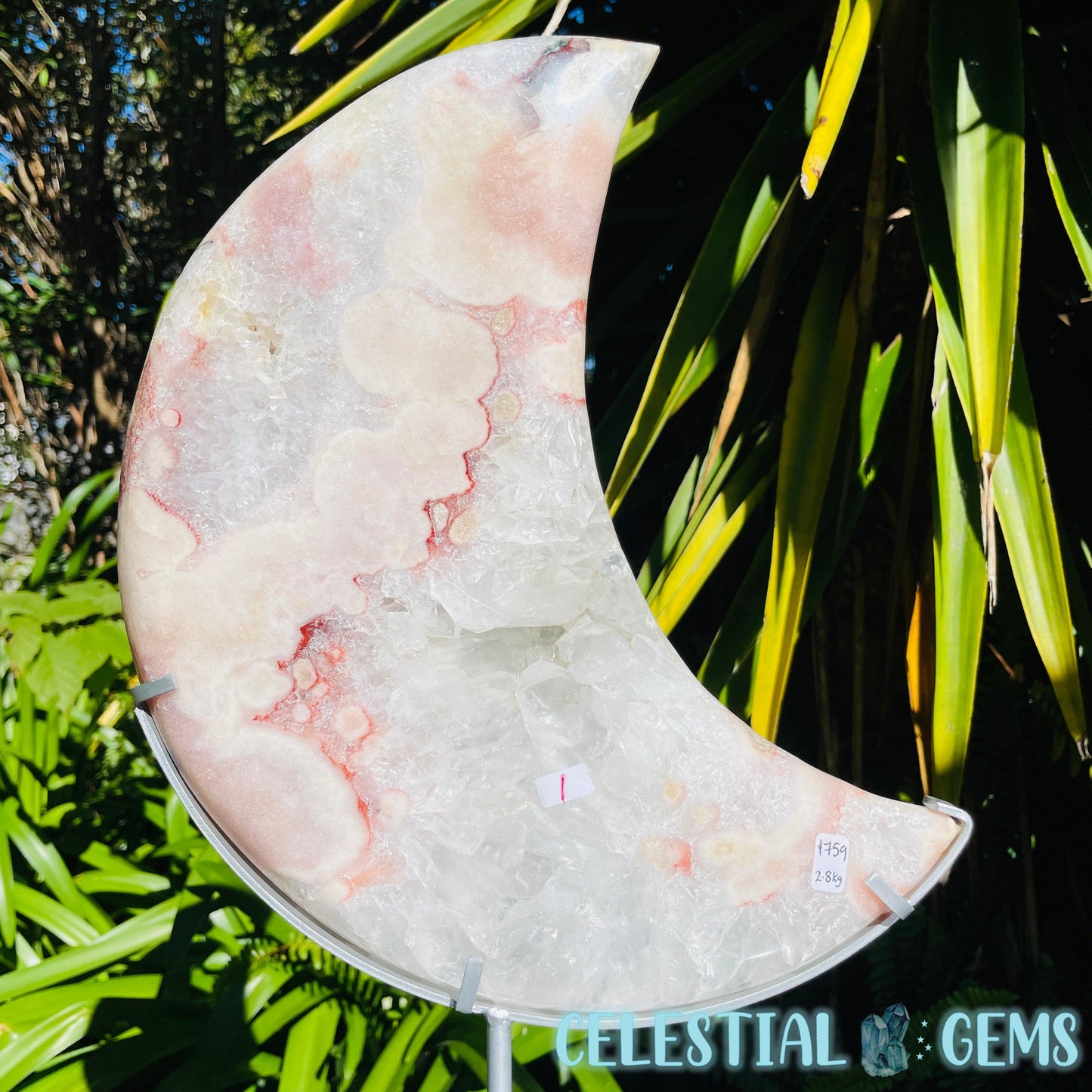 Pink Amethyst + Quartz XL Crescent Moon Carving on Stand