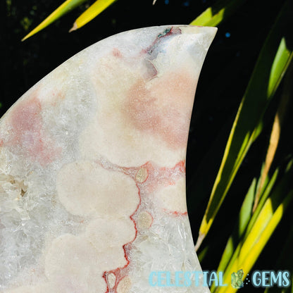 Pink Amethyst + Quartz XL Crescent Moon Carving on Stand