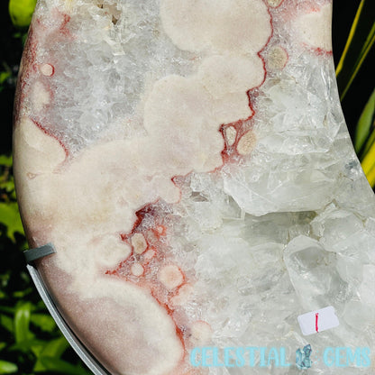 Pink Amethyst + Quartz XL Crescent Moon Carving on Stand