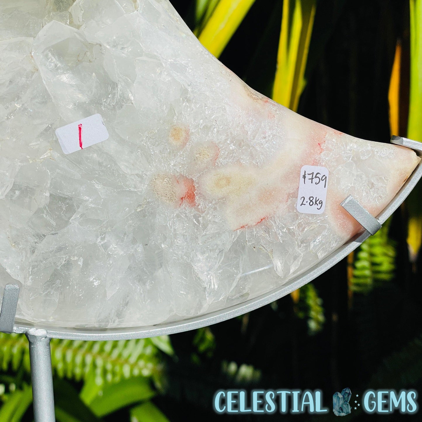 Pink Amethyst + Quartz XL Crescent Moon Carving on Stand